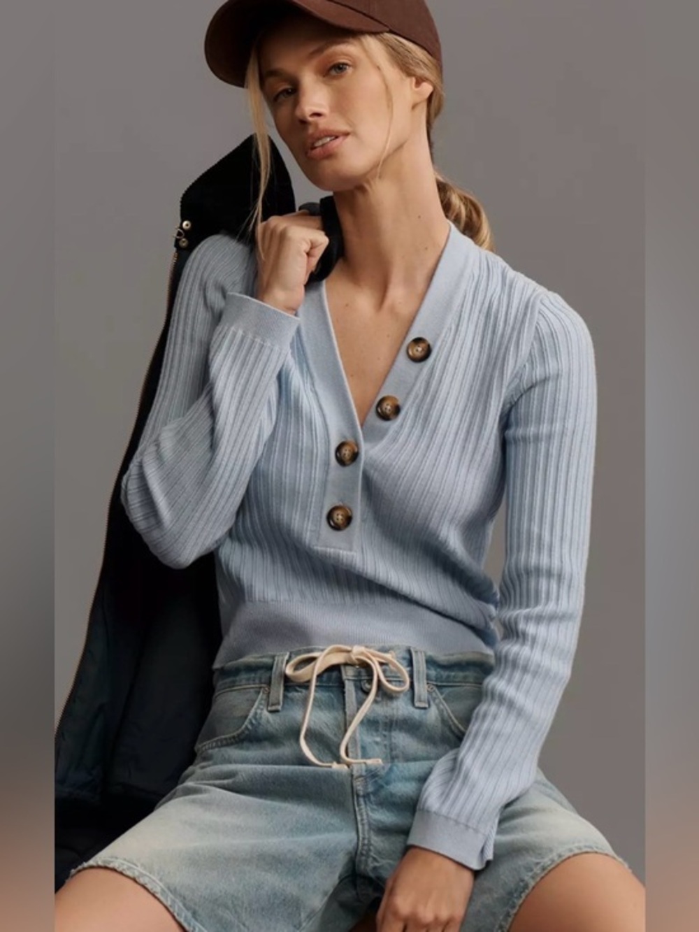 Anthropologie pilcro blue sweater ribbed vneck buttons size XL Henley